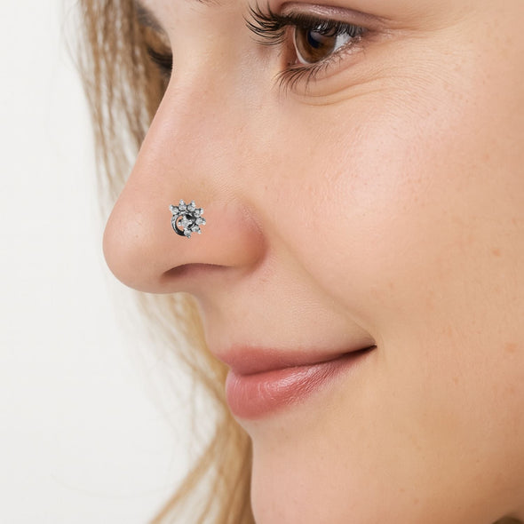 Floral Twist Diamond Nose Pin - Sterling Silver