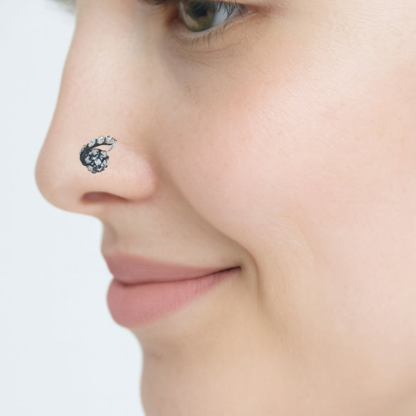 Curved Floral Diamond Nose Pin - Sterling Silver