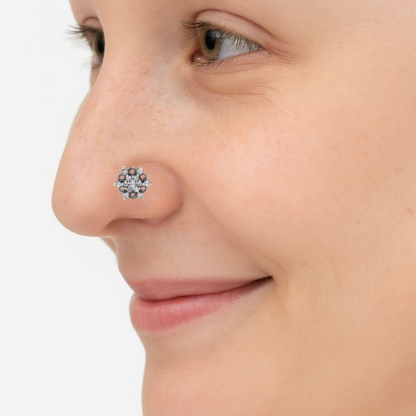 Antique Floral Cluster Nose Pin - Sterling Silver