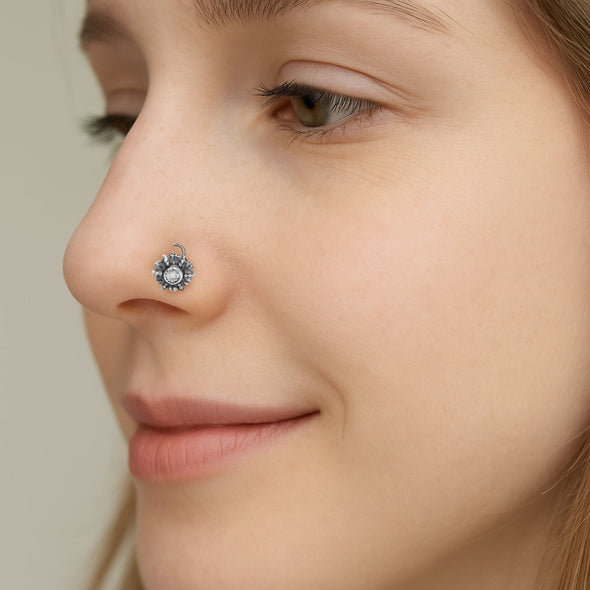 Sunflower Oxidized Nose Pin - Sterling Silver