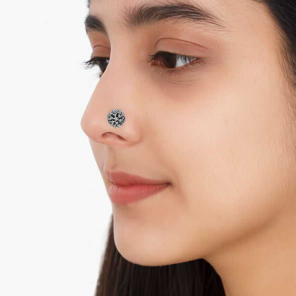 Oxidized Floral Cluster Nose Pin - Sterling Silver