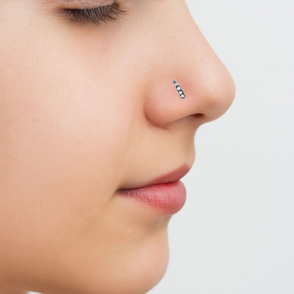 White Gemstone Nose Pin Oxidized Vertical Drop - Sterling Silver