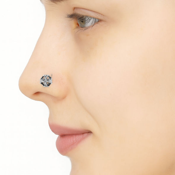 White Gemstone Hexagon Nose Pin - Sterling Silver