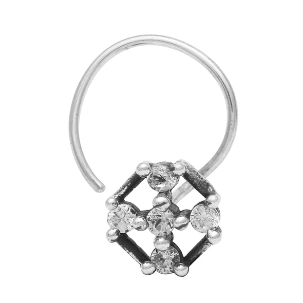 White Gemstone Hexagon Nose Pin - Sterling Silver