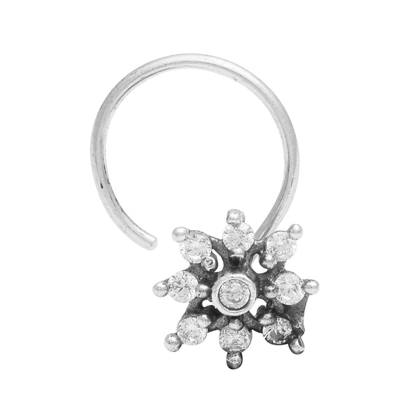 White Gemstone Floral Cluster Star Nose Pin - Sterling Silver