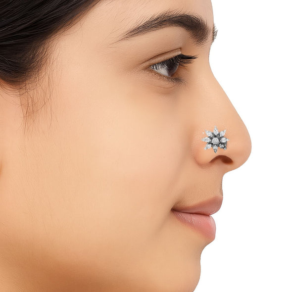 White Gemstone Floral Cluster Star Nose Pin - Sterling Silver