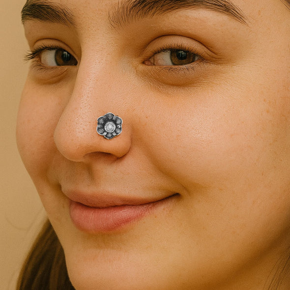 Oxidized Floral Nose Pin - Sterling Silver