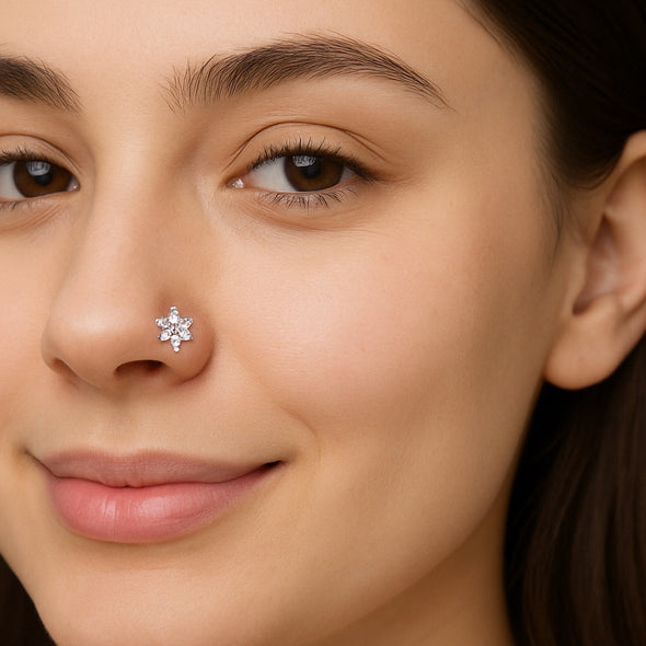 Oxidized Floral Nose Pin - Sterling Silver