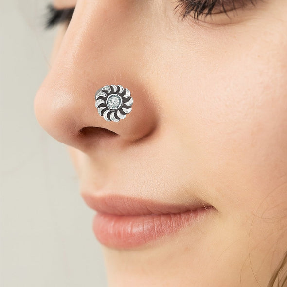 Oxidized Swirl Floral Nose Pin - Sterling Silver