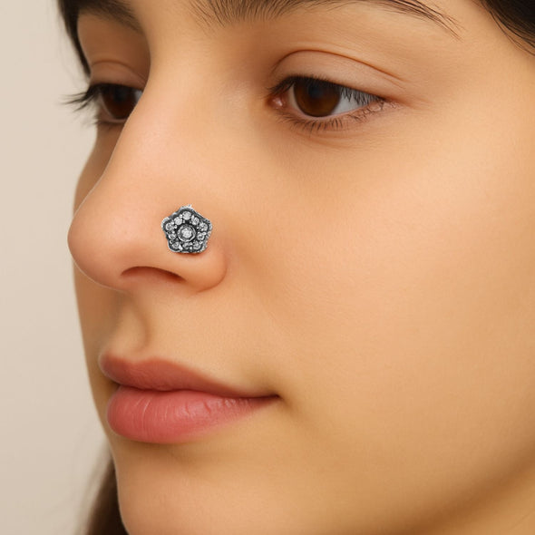 White Gemstone Halo Nose Pin - Sterling Silver