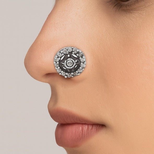 White Gemstone Halo Nose Pin - Sterling Silver