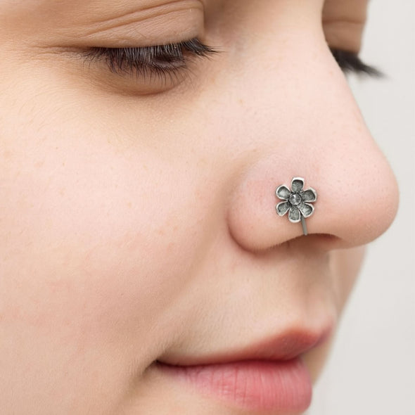 Floral Nose Pin Bloom Design - Sterling Silver