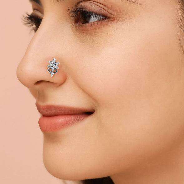 Floral Cluster Drop Nose Pin  - Sterling Silver