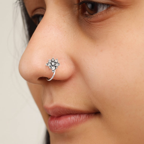 White Gemstone Oxidized Cluster Nose Pin - Sterling Silver