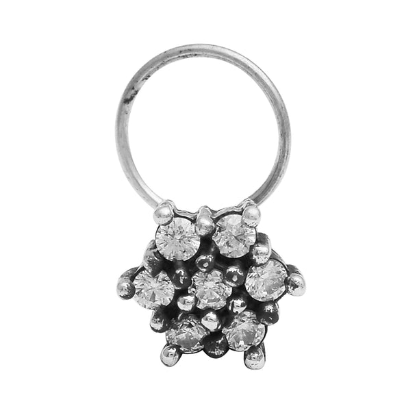 Oxidized Floral Cluster Nose Pin - Sterling Silver