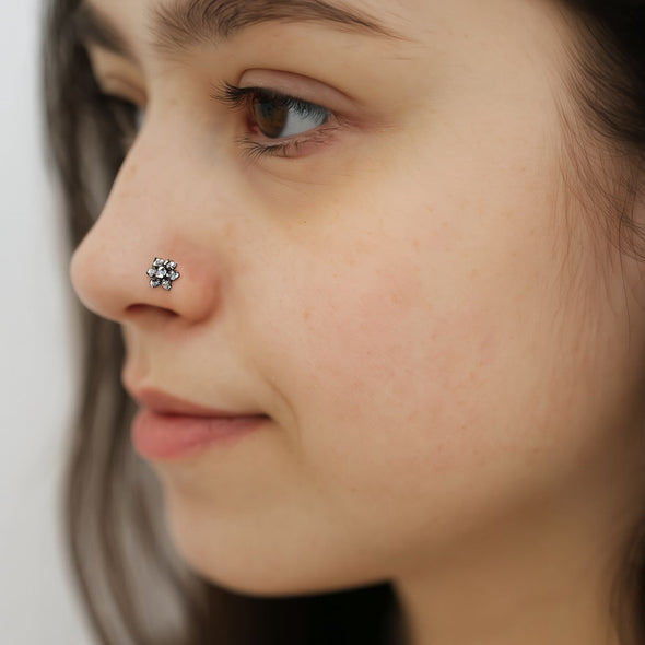 Oxidized Floral Cluster Nose Pin - Sterling Silver