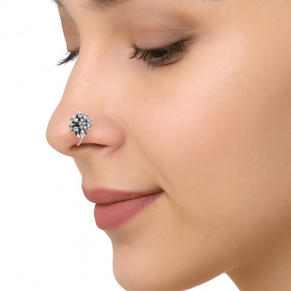 White Gemstone Floral Cluster Nose Pin - Sterling Silver