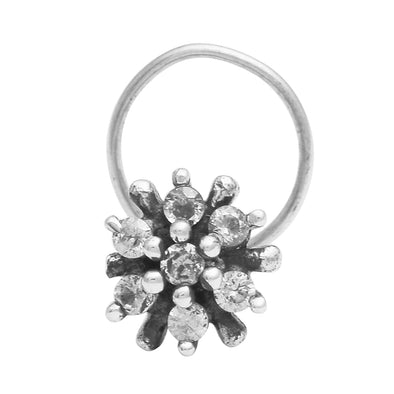 White Gemstone Floral Cluster Nose Pin - Sterling Silver