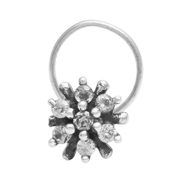 White Gemstone Floral Cluster Nose Pin - Sterling Silver