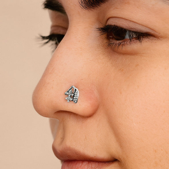 White Gemstone Dual Leaf Nose Pin - Sterling Silver