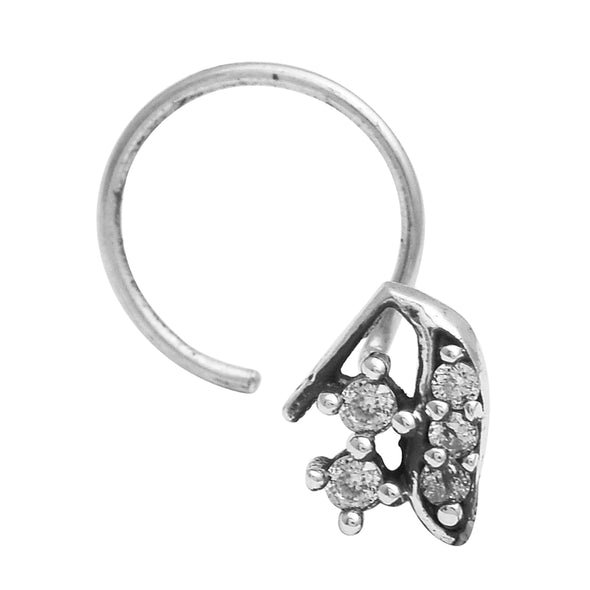 White Gemstone Dual Leaf Nose Pin - Sterling Silver