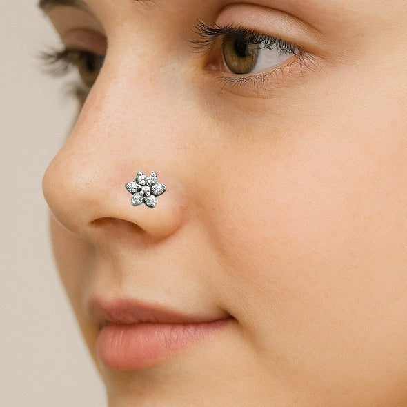 Floral Nose Pin Six Petal Design - Sterling Silver