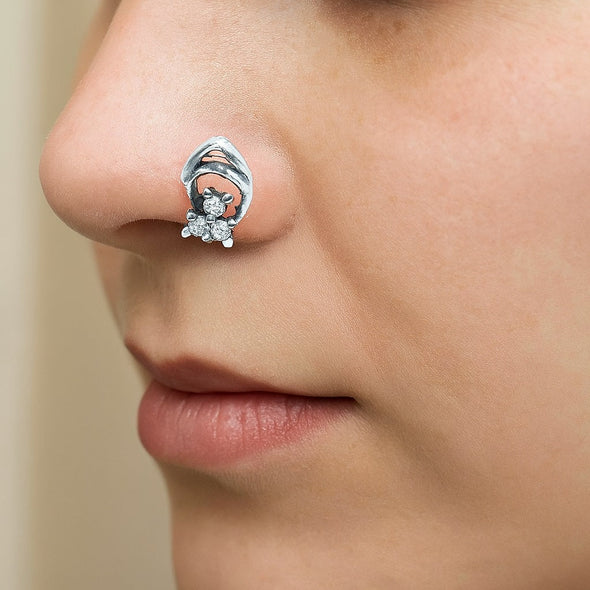 Oxidized Floral Nose Pin - Sterling Silver