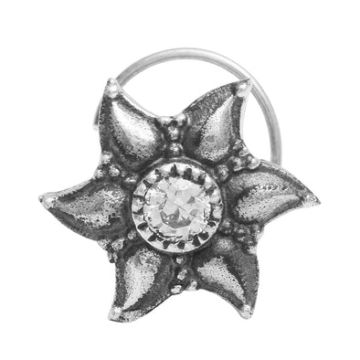 White Gemstone Oxidized Floral Nose Pin - Sterling Silver