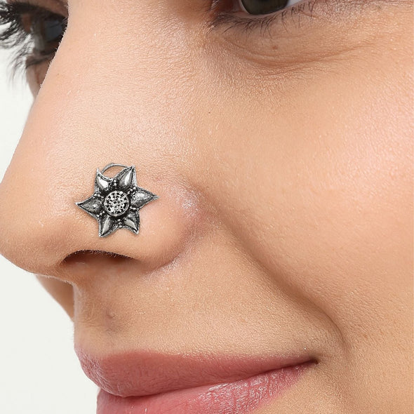 White Gemstone Oxidized Floral Nose Pin - Sterling Silver
