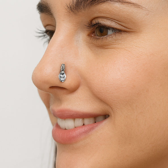White Gemstone Nose Pin Minimalist Floral Accent - Sterling Silver