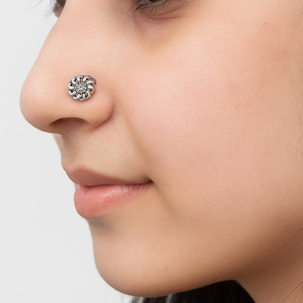 Oxidized Spiral Petal Nose Pin –  Sterling Silver