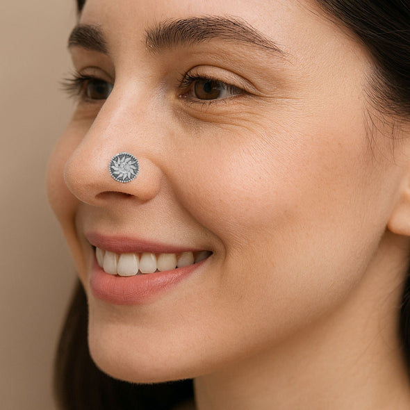 Oxidized Sunburst Floral Nose Pin - Sterling Silver