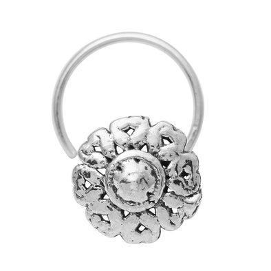 Oxidized Floral Nose Pin Antique Ethnic Design - Sterling Silver