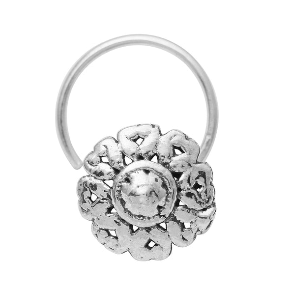 Oxidized Floral Nose Pin Antique Ethnic Design - Sterling Silver