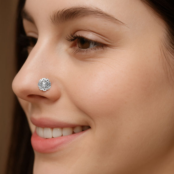 Oxidized Floral Nose Pin Antique Ethnic Design - Sterling Silver