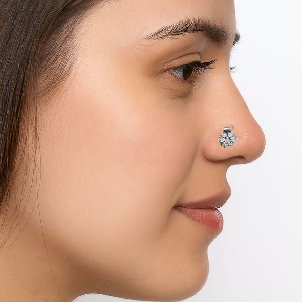 White Gemstone Nose Pin Delicate Floral Drop Design - Sterlinf Silver