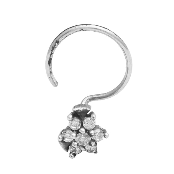 White Gemstone Nose Pin Delicate Floral Drop Design - Sterlinf Silver