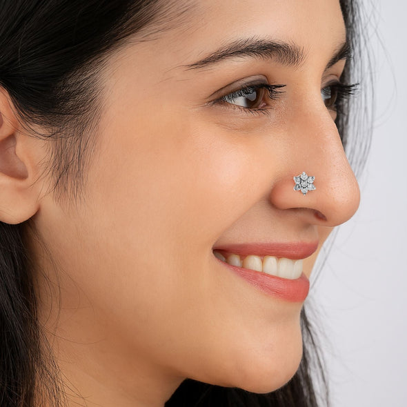 White Gemston Floral Nose Pin - Sterling Silver