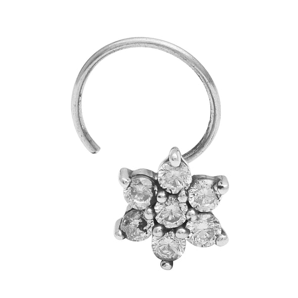 White Gemston Floral Nose Pin - Sterling Silver