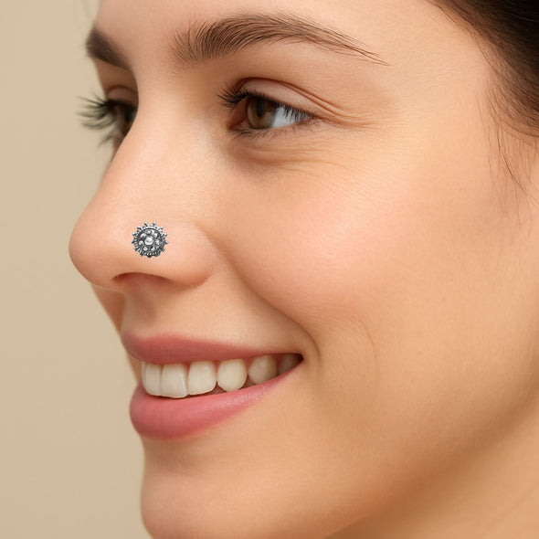 Oxidized Floral Dot Nose Pin - Sterling Silver