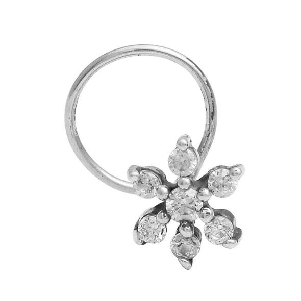 White Gemstone Floral Nose Pin Elegant Sparkle - Sterling Silver