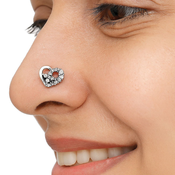 White Gemstone Heart Nose Pin - Sterling Silver
