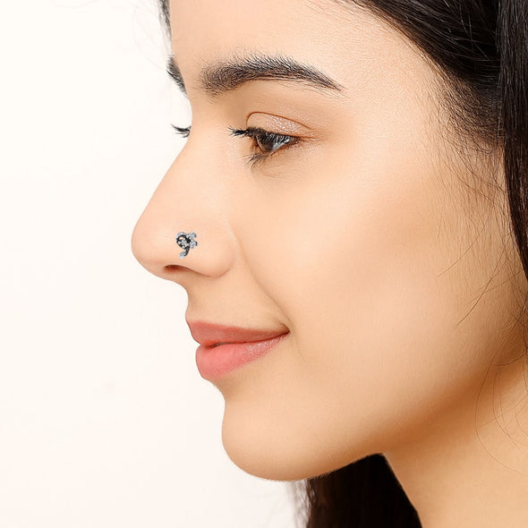 White Gemstones Floral Curve Nose Pin - Sterling Silver