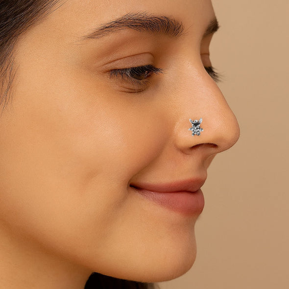 White Gemstone Floral Cluster Nose Pin - Sterling Silver