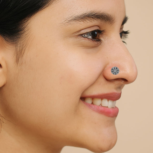 Oxidized Round Dotted Swirl Nose Pin - Sterling Silver