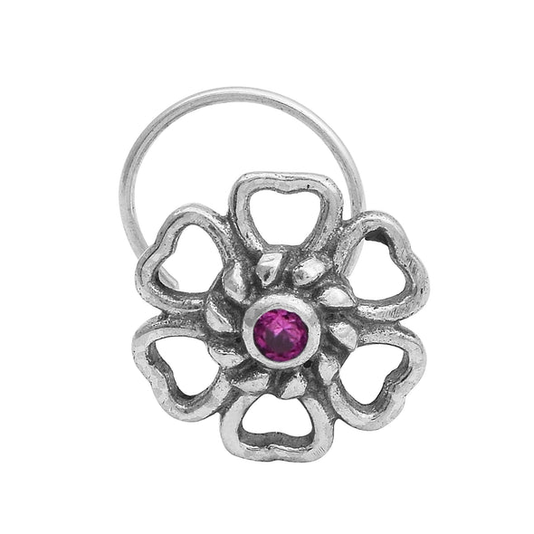 Pink Gemstone Floral Nose Pin - Sterling Silver