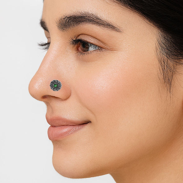 Green Gemstone Nose Pin - Sterling Silver