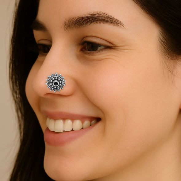 Black Gemstone Nose Pin - Sterling Silver