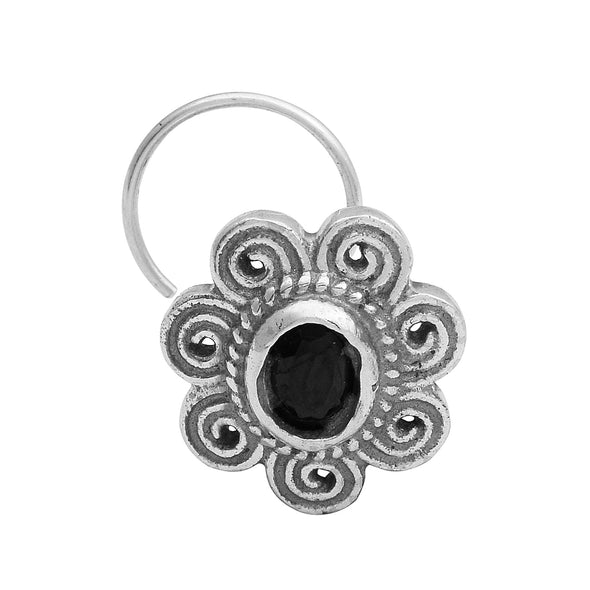 Black Gemstone Floral Nose Pin - Sterling Silver