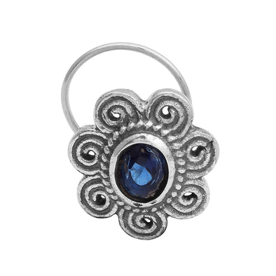 Blue Gemstone Floral Nose Pin - Sterling Silver